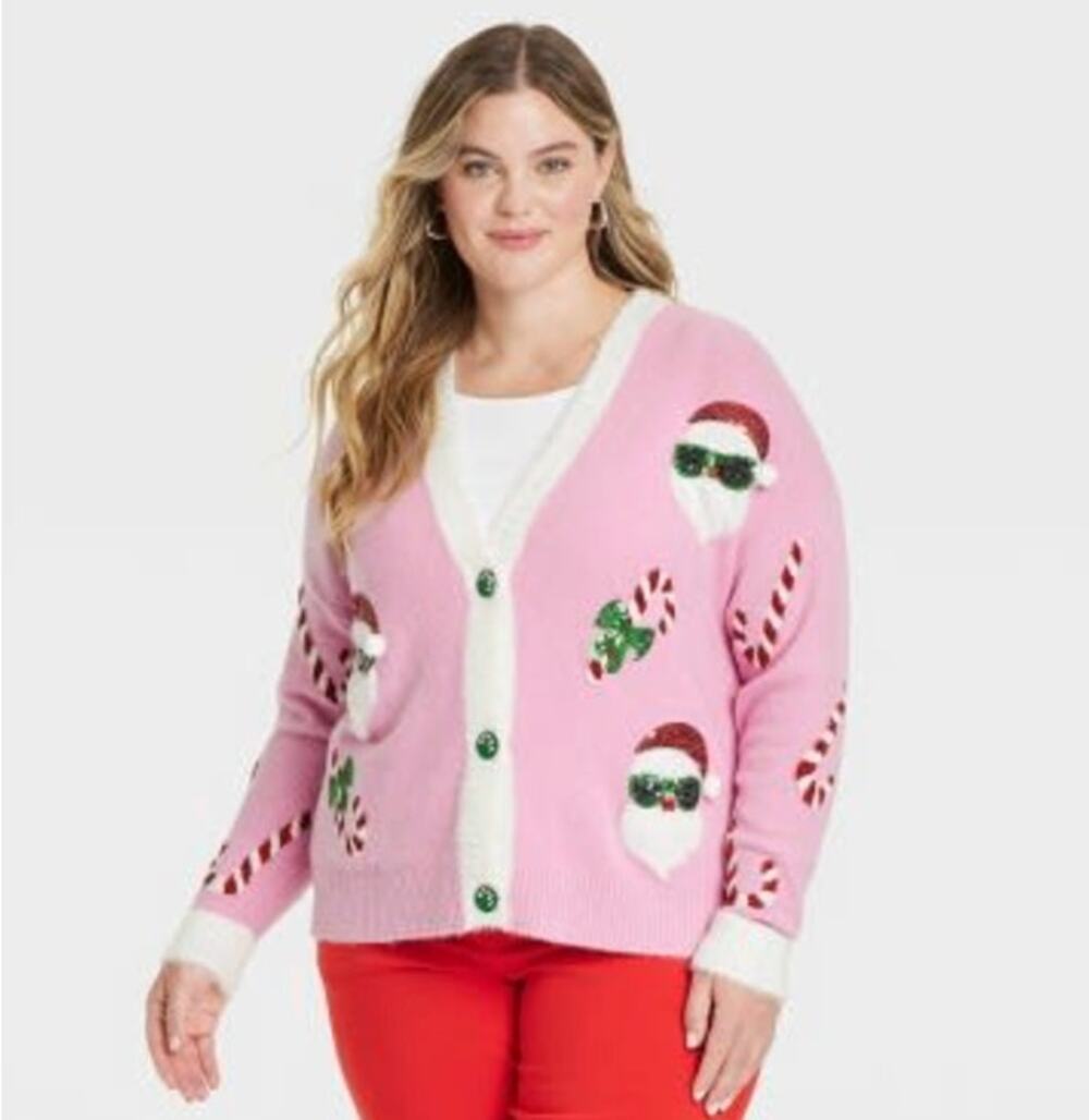 33 Degrees Santa Candy Cane Tree Pink Button Up Ugly Christmas Cardigan Sweater